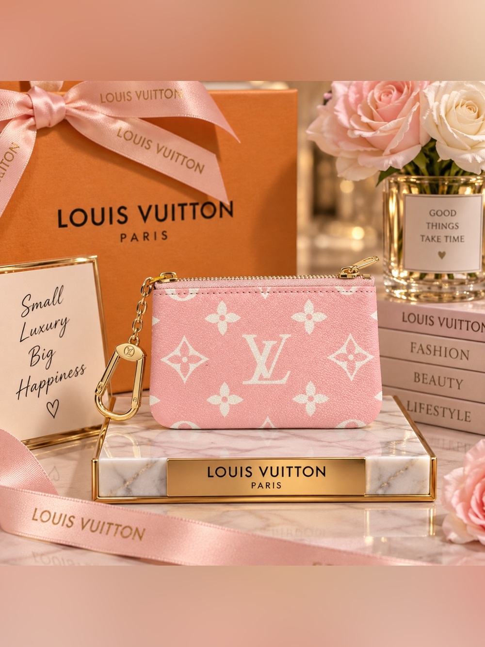 Pink & White Monogram Key Pouch with Gold Chain